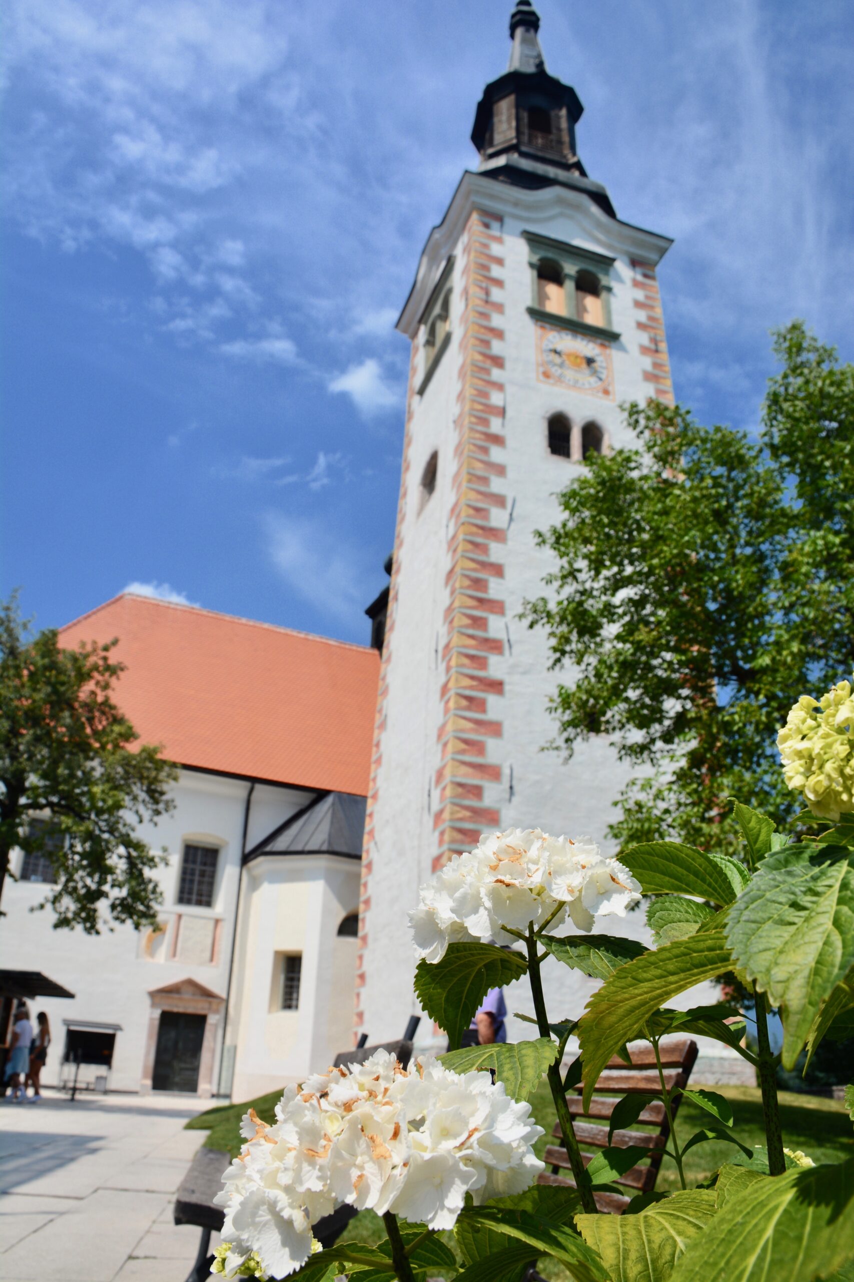 블레드 섬 성모 승천 교회의 종탑 클로즈업