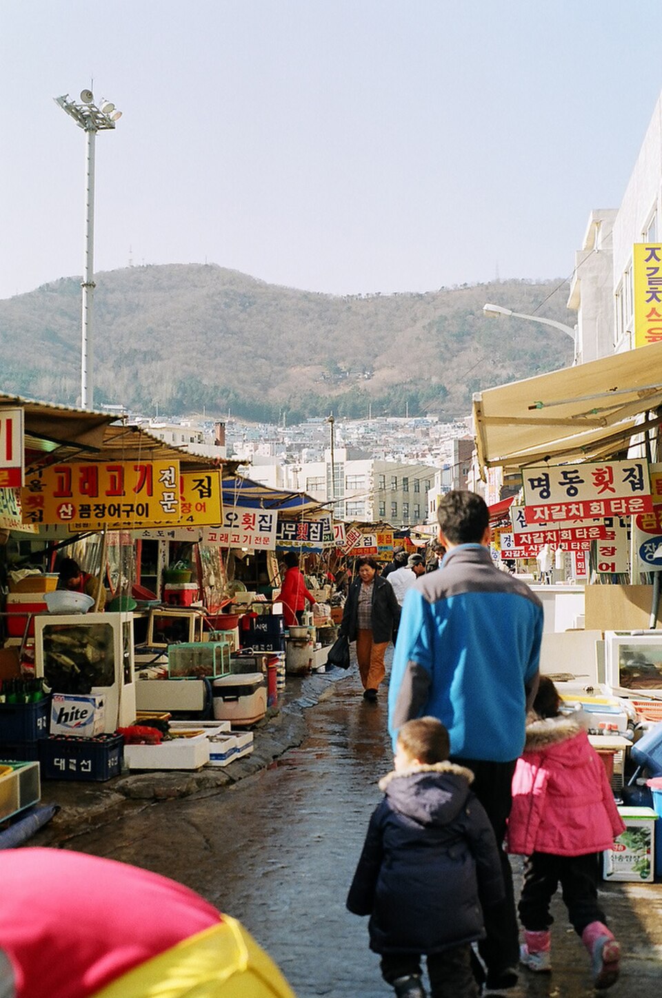 부산 자갈치시장 회타운 골목과 젖은 시장 통로 풍경