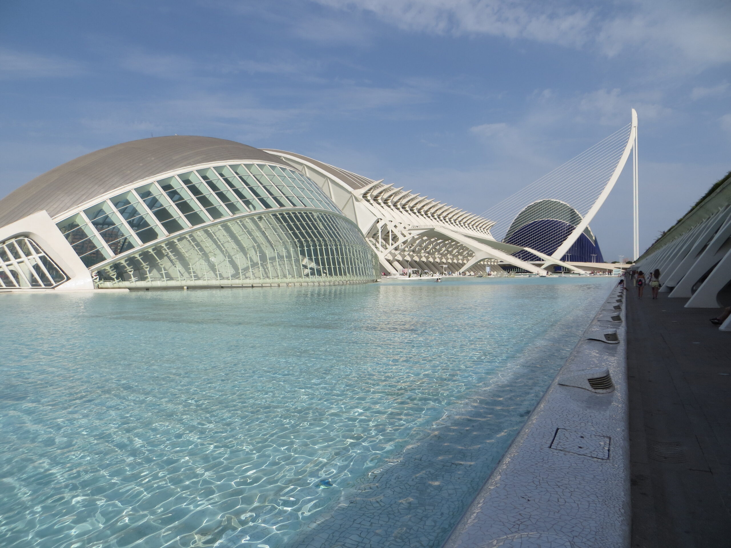 발렌시아 시티 오브 아트 앤 사이언스의 미래적인 건축물과 수로 풍경