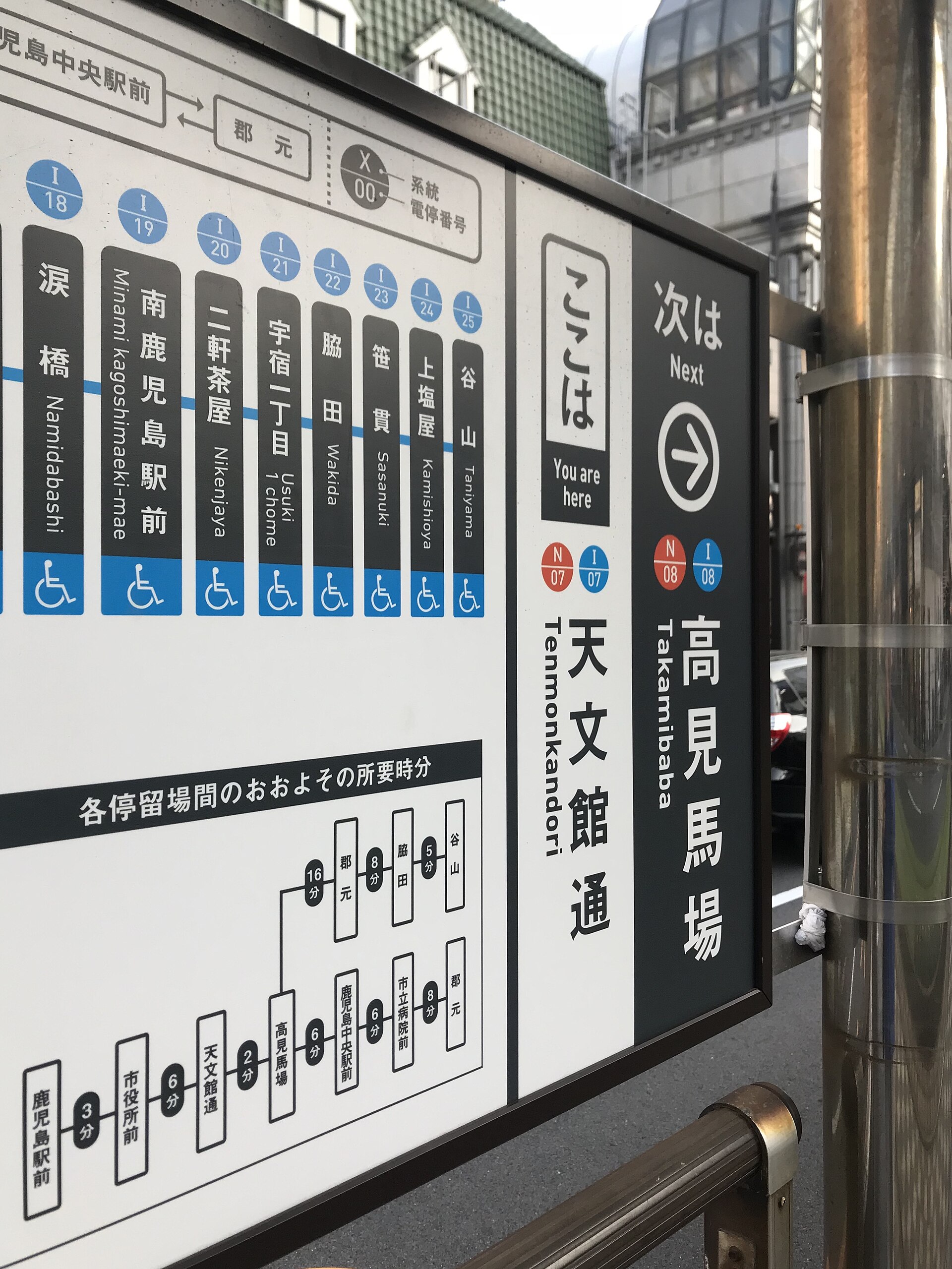 가고시마 시영전차 덴몬칸도리 정류장 표지판