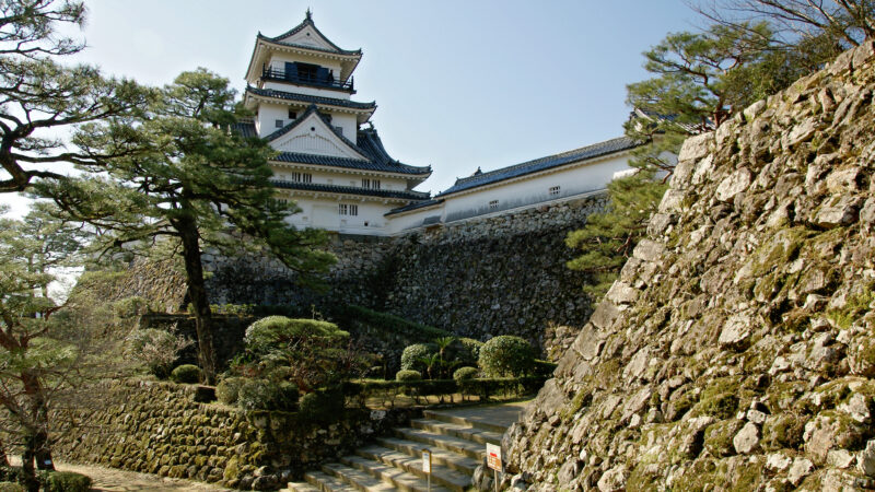 일본 시코쿠 고치성 천수와 돌담 전경