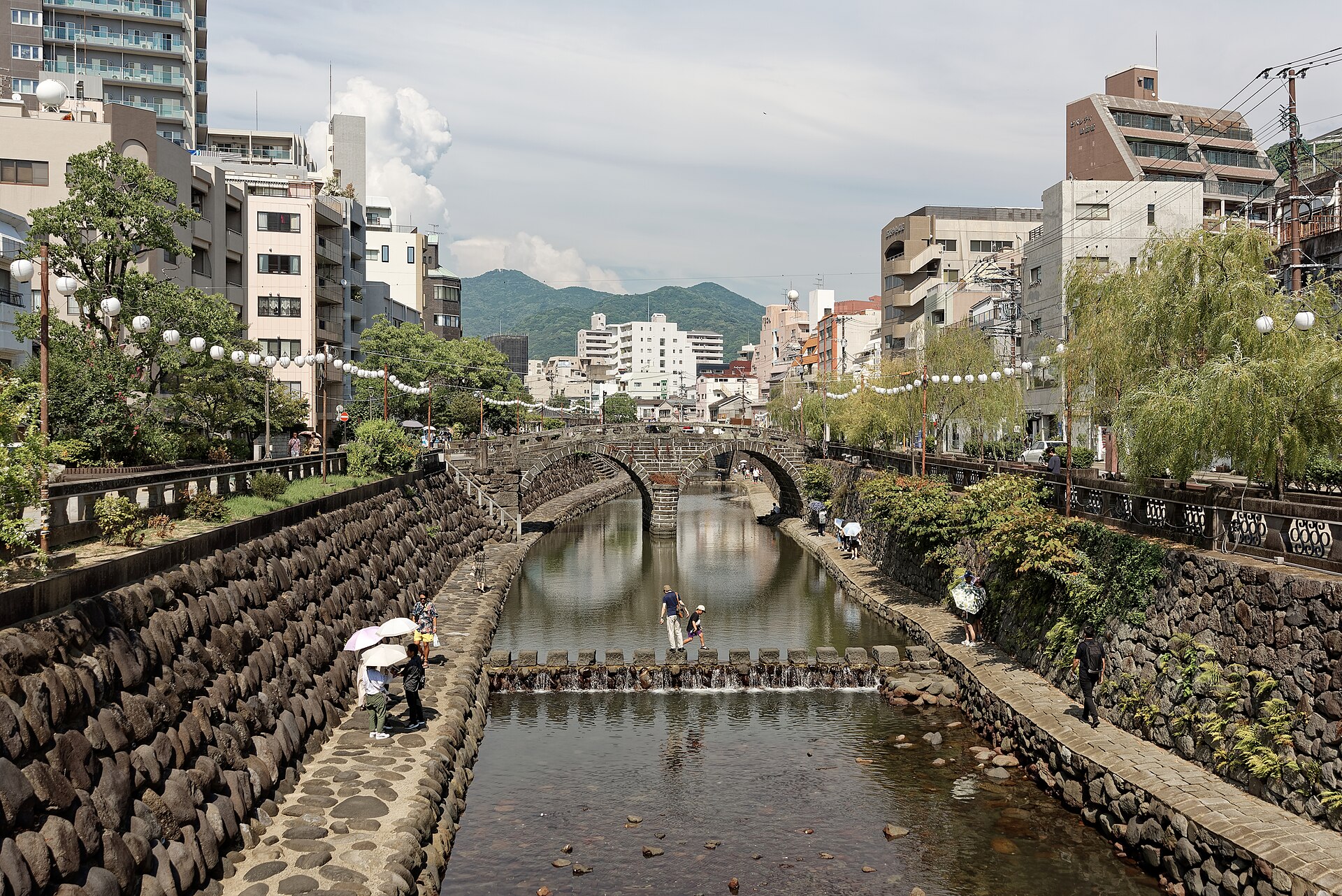 나가사키 나카시마강 위 메가네바시 안경다리 전경