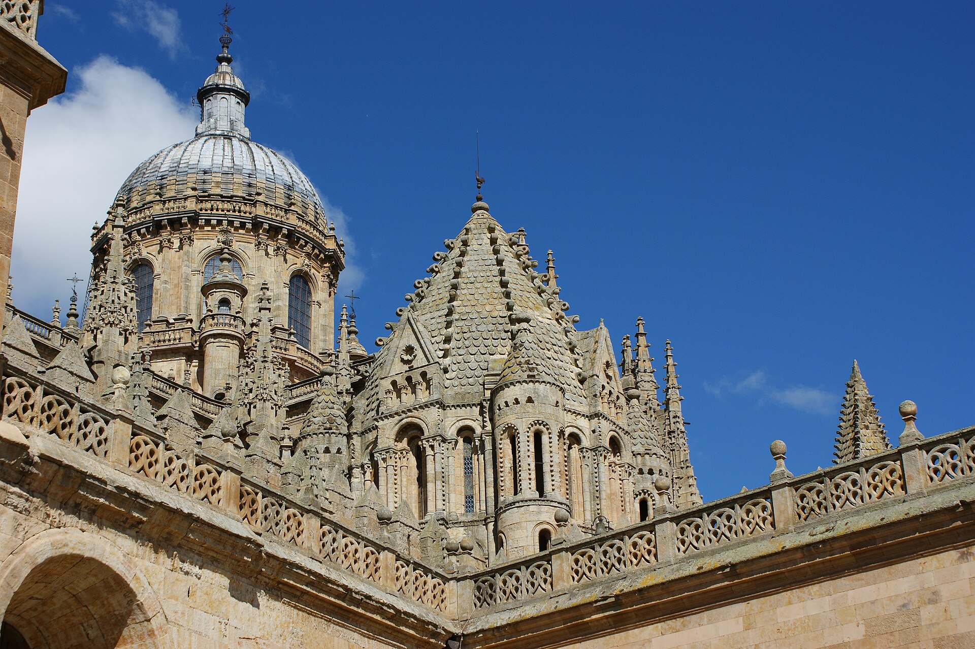 스페인 살라망카 신구 대성당의 돔과 탑이 겹쳐 보이는 풍경