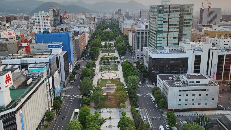 삿포로 오도리 공원과 삿포로 TV타워가 함께 보이는 중심부 전경