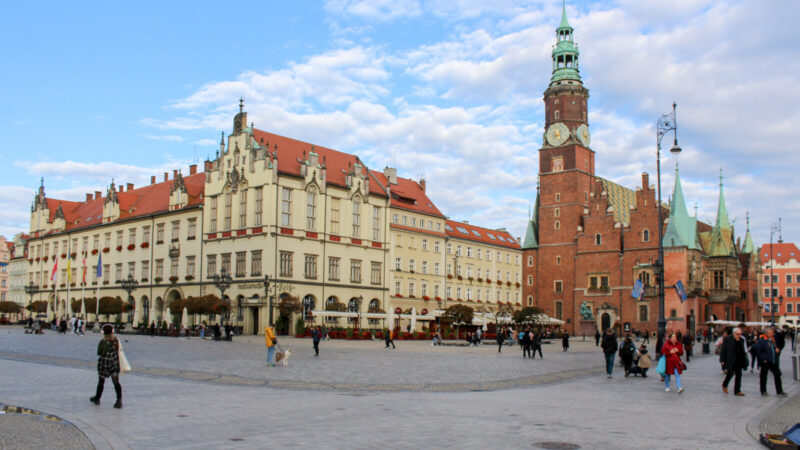 브로츠와프 리네크 광장에서 구 시청사 타워와 광장 건물이 함께 보이는 풍경